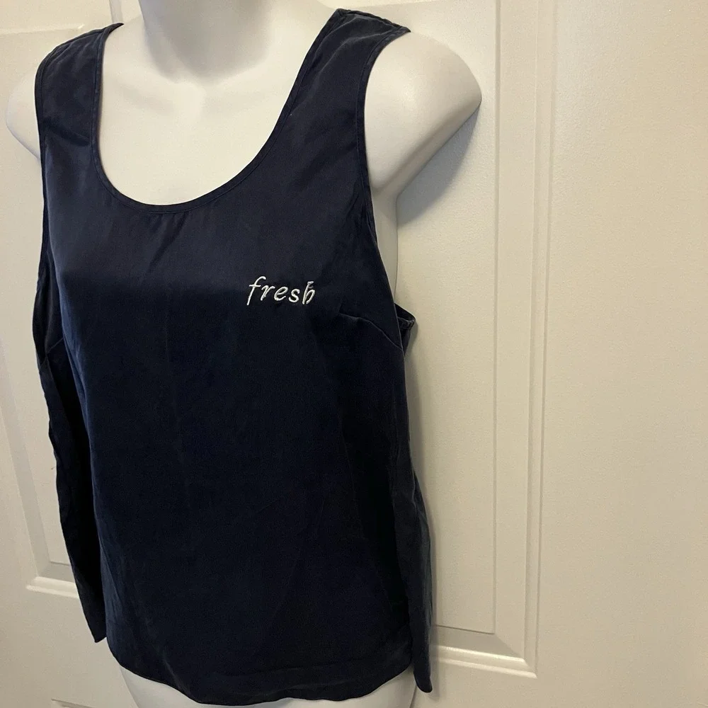 Lunya Sz Medium 100% Silk Navy Blue Pajama Shirt Tank Top Tulip Back Good In Bed